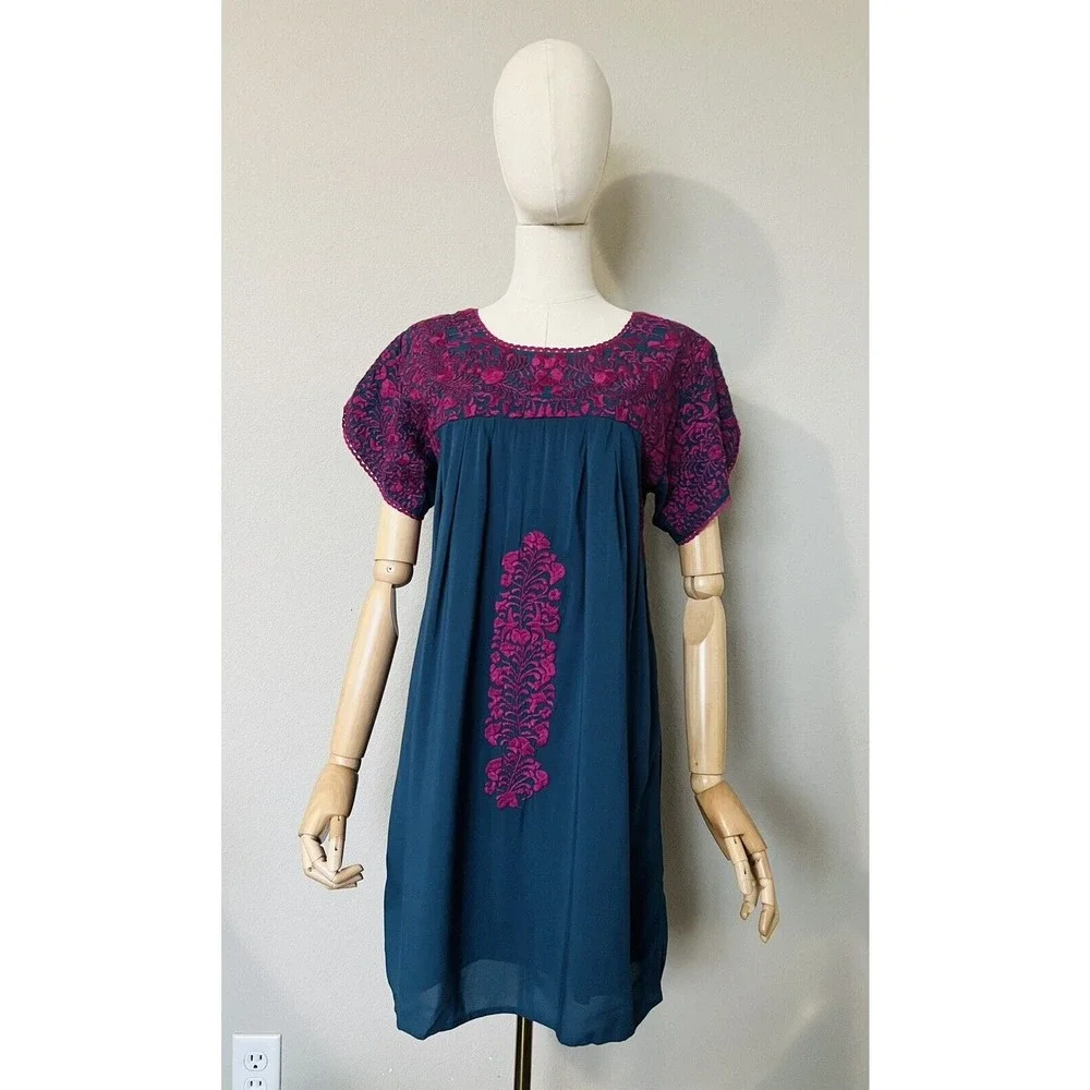 BuddyLove Buddy Love Embroidered Carolina Dress Navy Magenta Rayon Boho Size XS - Picture 3 of 16